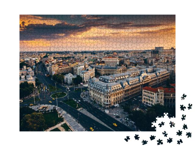 Puzzle 1000 Teile „Bukarest: Blick von oben bei Sonnenaufgang“