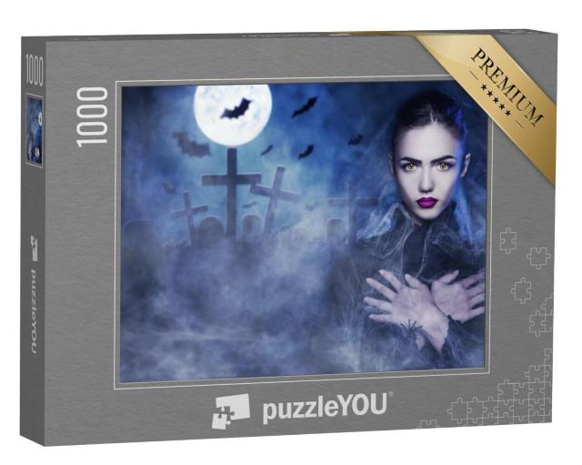 Puzzel 1000 stukjes „Vampiervrouw op een kerkhof bij volle maan“