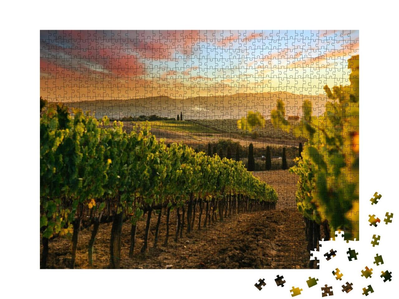 Puzzle 1000 Teile „Wunderschöner Sonnenuntergang über den Weinbergen, schöne Landschaft“