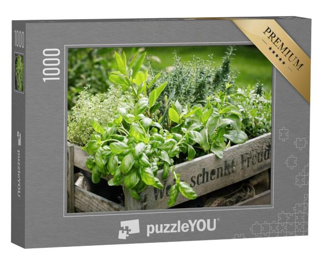 Puzzel 1000 stukjes „Houten kistje met verschillende verse, groene keukenkruiden“