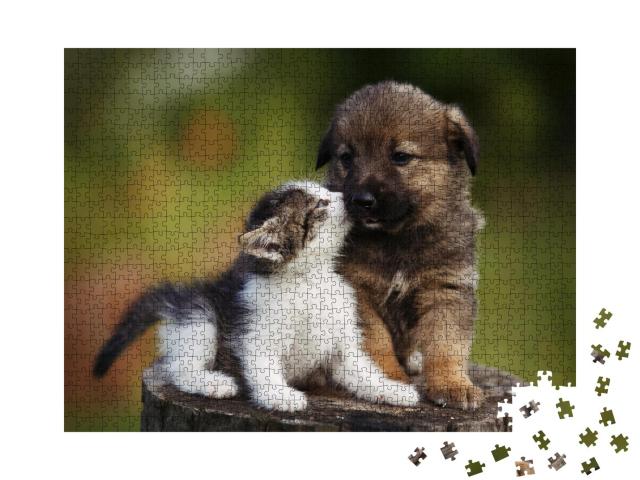 Puzzle 1000 Teile „Freundschaft: Hundewelpe und Kätzchen“