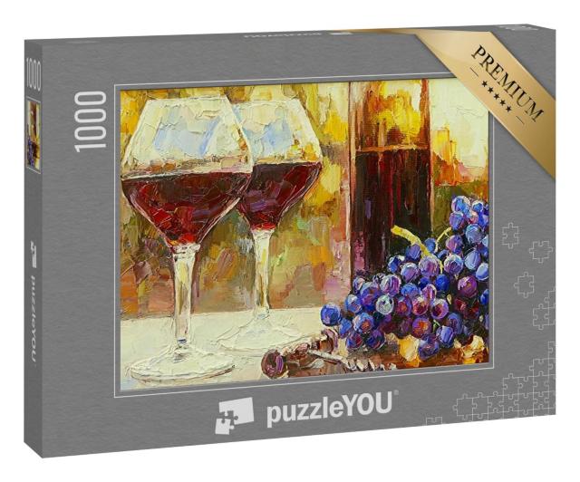 Puzzle 1000 Teile „Stillleben mit einer Flasche Rotwein und Trauben im Sonnenuntergang“