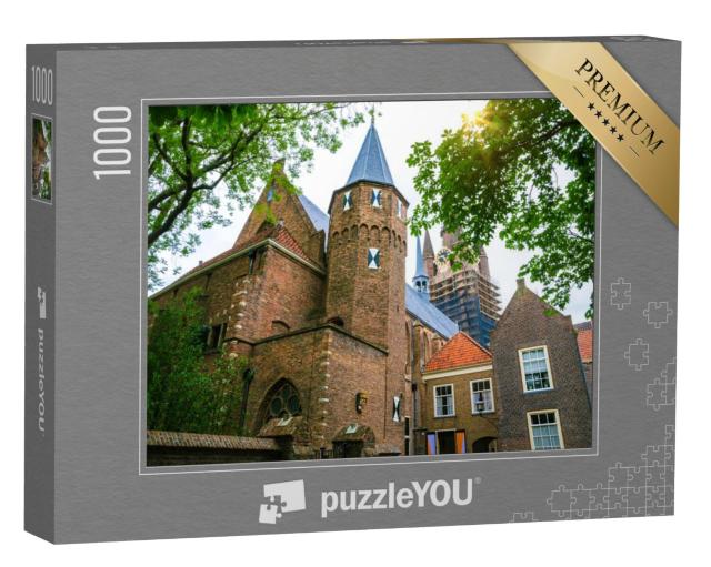 Puzzel 1000 stukjes „Smalle straat en toren van de Oude Kerk in de prachtige oude binnenstad van Delft, Nederland“