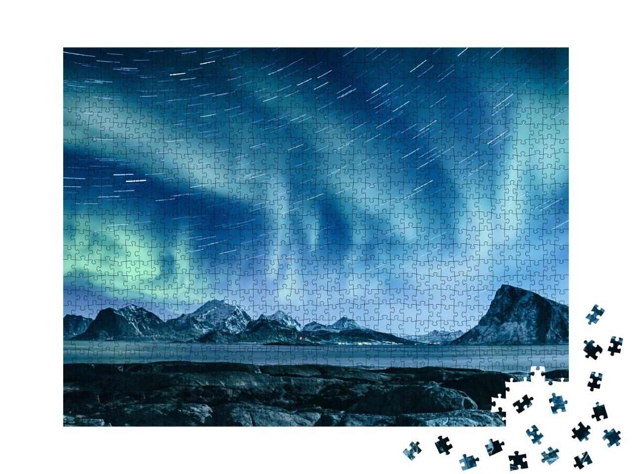 Puzzle 1000 Teile „Aurora Borealis im Winter auf den Lofoten, Norwegen“