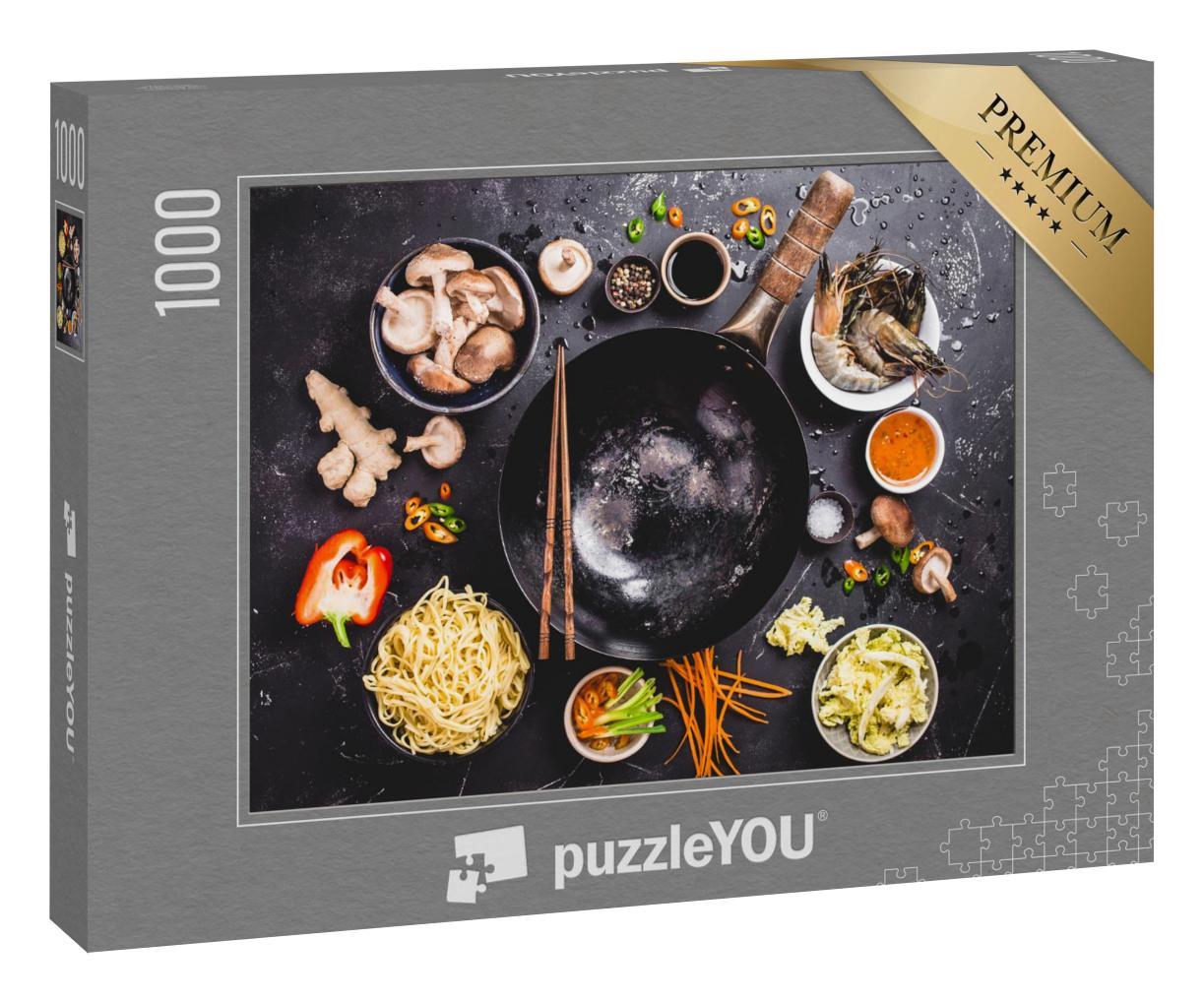 Puzzle 1000 Teile „Asiatisch kochen mit Wok, Gemüse und China-Nudeln“