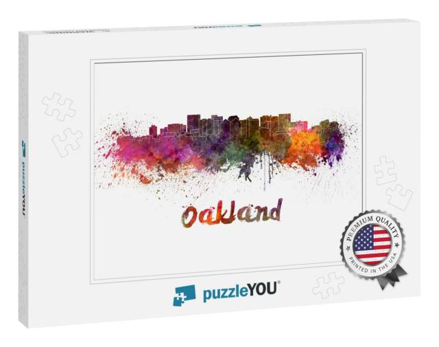 Oakland Skyline in Watercolor Splatters with Clipping Pat... Jigsaw Puzzle
