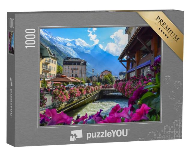 Puzzel 1000 stukjes „Uitzicht op de rivier de Arve en het Mont Blanc-massief, Chamonix“