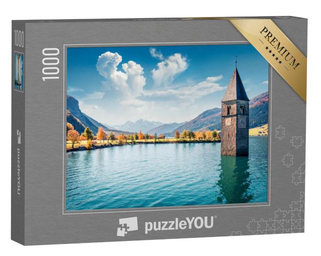 Puzzel 1000 stukjes „Pittoresk herfstuitzicht vanaf de toren van de verzonken kerk in Resia, Zuid-Tirol“