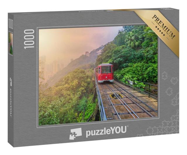 Puzzle 1000 Teile „Straßenbahn auf dem Victoria Peak vor der Skyline von Hongkong“