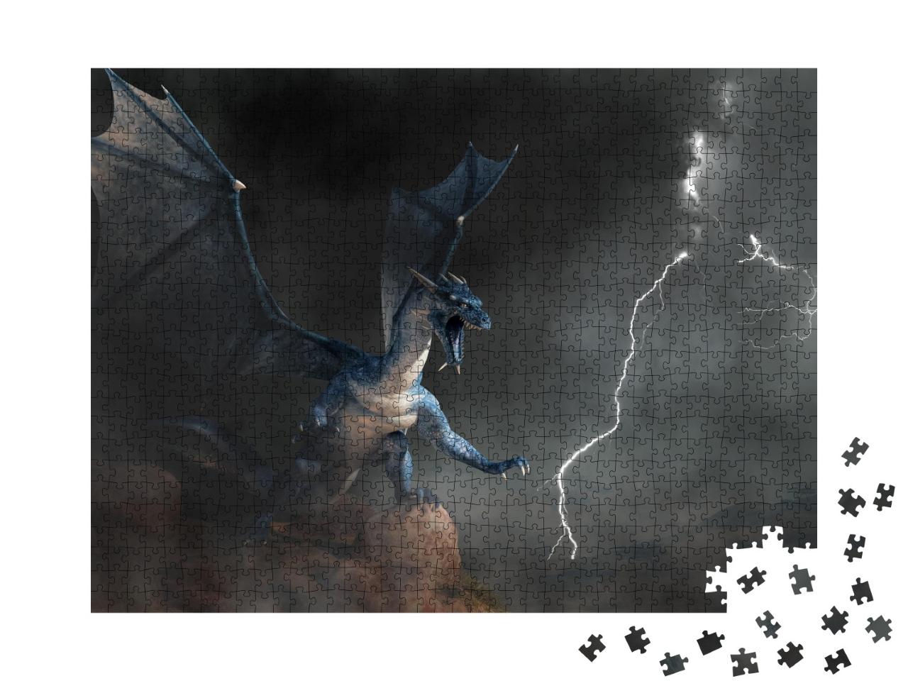 Puzzle 1000 Teile „3D-Rendering: Fantasy-Drachen bei Gewitter“