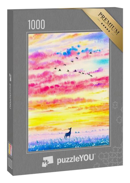 Puzzle 1000 Teile „Aquarellmalerei: Hirsch in glühendem Sonnenuntergang“