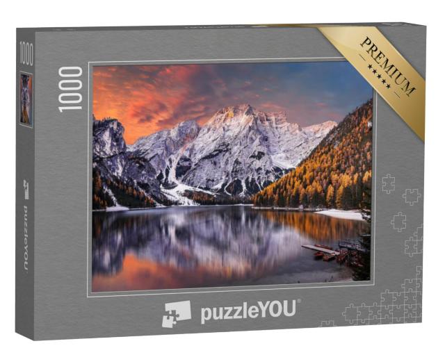 Puzzel 1000 stukjes „Ochtendtafereel bij het meer van Braies, Dolomieten, Italië“