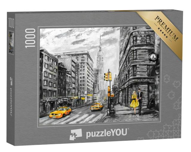 Puzzel 1000 stukjes „Man, vrouw en gele taxi: olieverfschilderij met straatbeeld van New York“