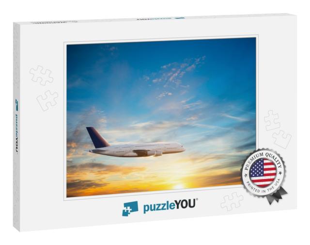 Passengers Commercial Airplane Flying in Sunset Light. Co... Jigsaw Puzzle