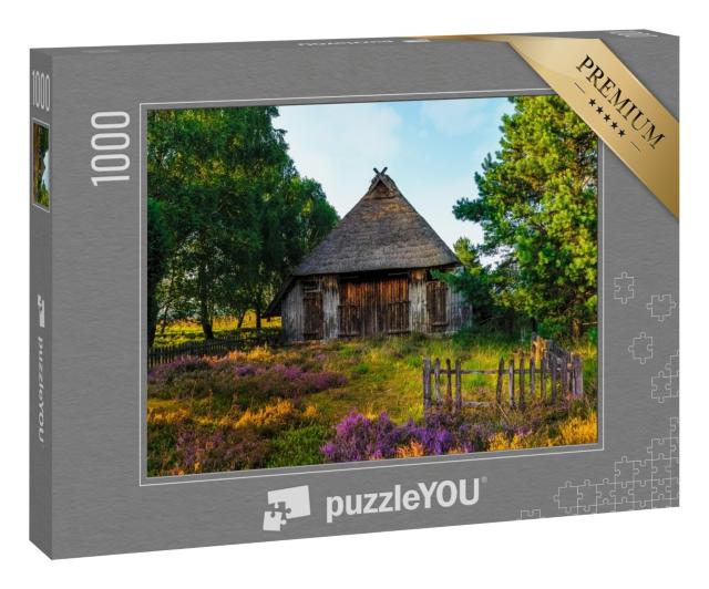 Puzzle 1000 Teile „Lüneburger Heide: Bild mit Schafshütte, Deutschland“