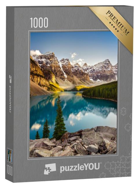 Puzzel 1000 stukjes „Lake Moraine bij zonsondergang in de Canadese Rocky Mountains“