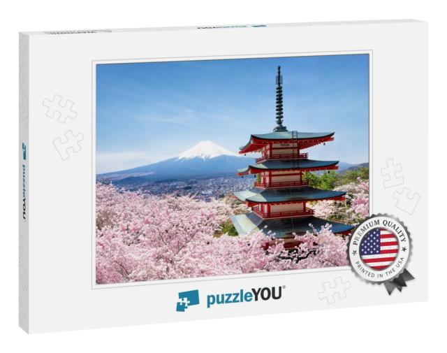 Chureito Pagode & Mount Fuji with Cherry Blossom Tree Dur... Jigsaw Puzzle