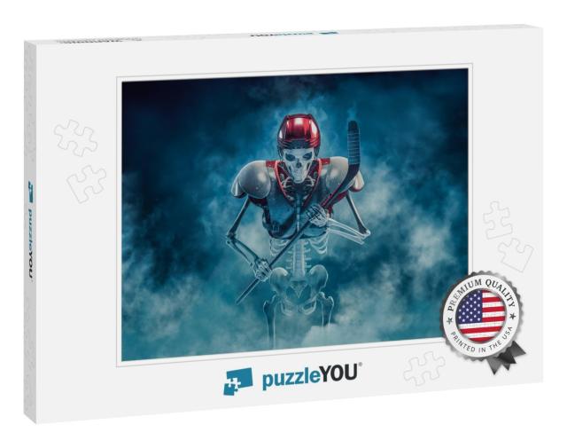 The Phantom Hockey Player / 3D Illustration of Scary Skel... Jigsaw Puzzle