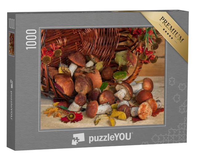 Puzzel 1000 stukjes „Stilleven met een mand vol paddenstoelen en wilde bloemen“