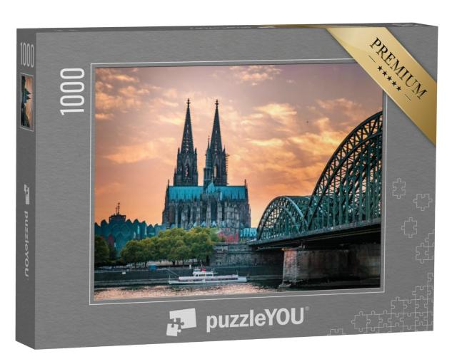 Puzzel 1000 stukjes „Dom van Keulen en Hohenzollern brug in Keulen in de avond“