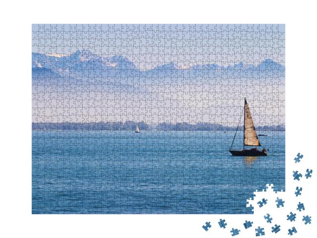 Puzzle 1000 Teile „Boote auf dem Bodensee mit den Alpen im Hintergrund“