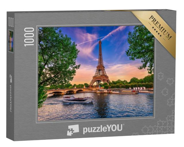 Puzzel 1000 stukjes „Eiffeltoren en rivier de Seine bij zonsondergang in Parijs, Frankrijk“