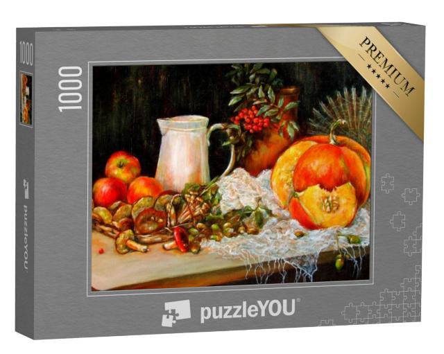 Puzzel 1000 stukjes „Herfststilleven met pompoen, paddenstoelen, eikels, kruik“