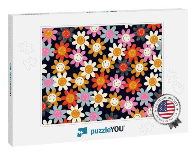 Pattern with Cheerful Colorful Flowers on Black. Crossed... Jigsaw Puzzle