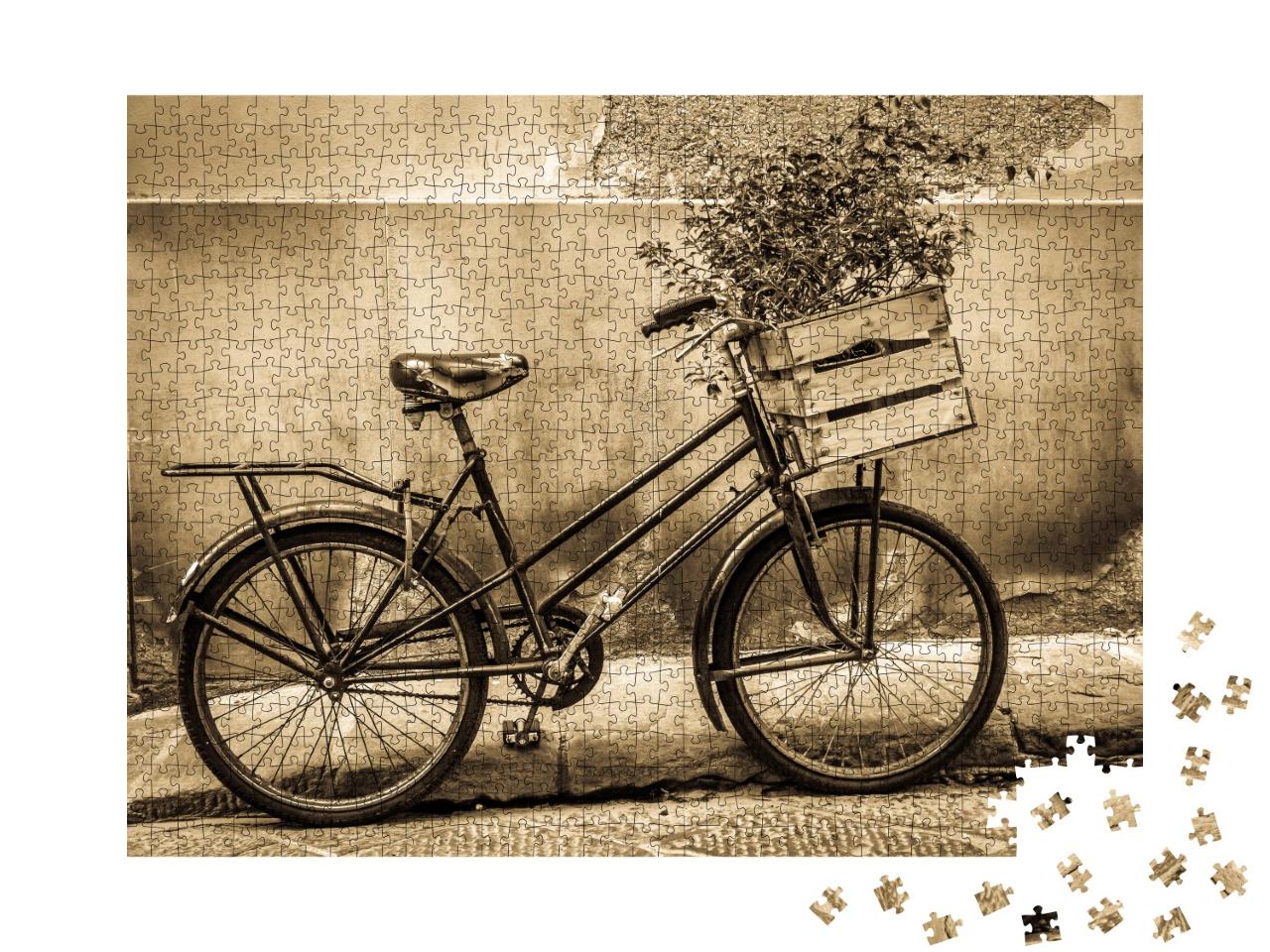 Puzzle 1000 Teile „Vintage-Fahrrad mit Pflanzen in der Transportkiste auf dem Lenker“