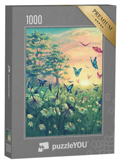 Puzzel 1000 stukjes „Zonsondergang met vlinders“