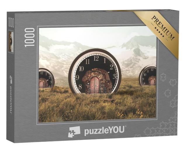 Puzzel 1000 stukjes „Drie klokken als huizen met deuren in steampunk-stijl voor een bergketen“