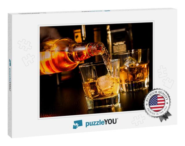 Barman Pouring Whiskey in Front of Whiskey Glass & Bottle... Jigsaw Puzzle