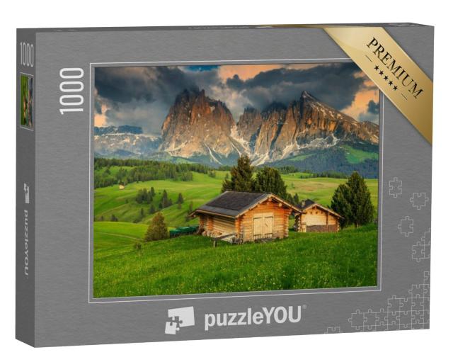 Puzzel 1000 stukjes „Lente op de Alpe di Siusi met de Sassolungo Groep, Dolomieten, Italië“