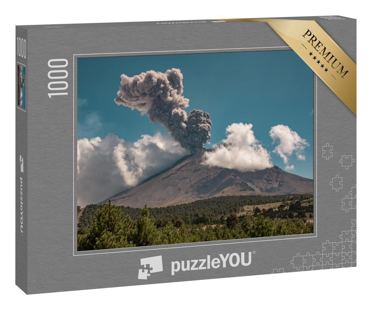 Puzzle 1000 Teile „Panoramablick auf den Vulkan Popocatepetl während einer Explosion“