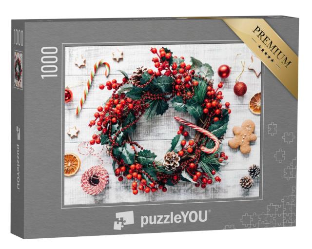 Puzzel 1000 stukjes „Kerstmis: Winterkrans, kerstboomdecoratie en peperkoek“