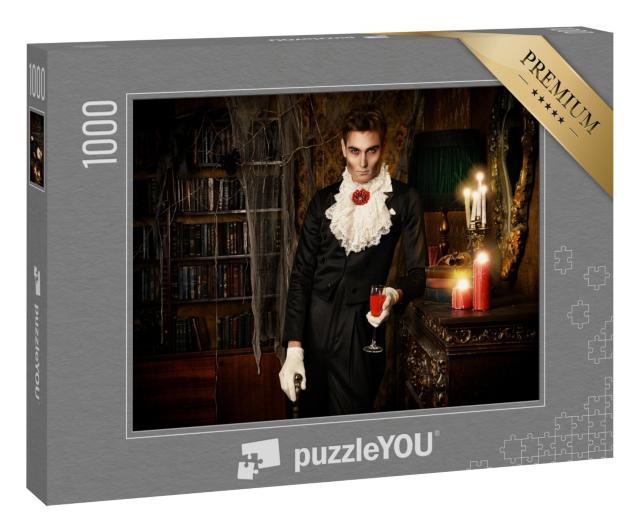 Puzzle 1000 Teile „Gutaussehender Vampir im eleganten Frack, Spinnenweben, brennende Kerzen“