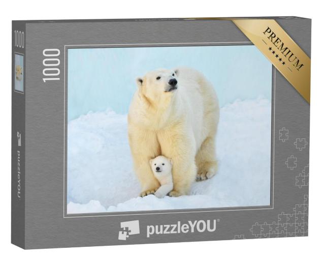 Puzzel 1000 stukjes „Een ijsbeer met een klein berenjong in de sneeuw“