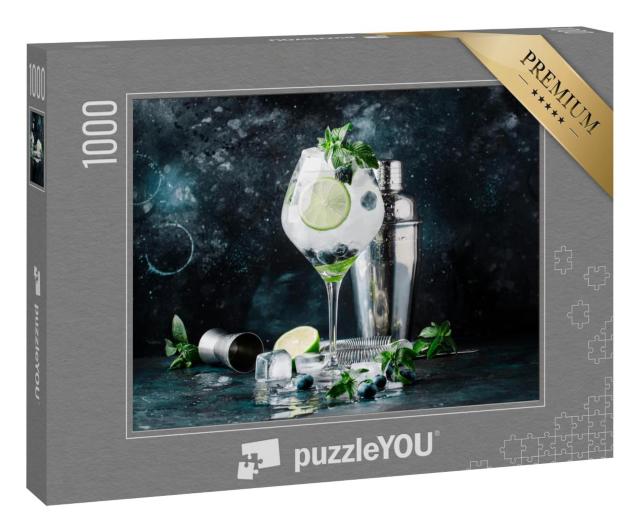 Puzzle 1000 Teile „Sommer: Cocktail mit Heidelbeeren, Mojito mit Rum, Minze, Limette und Eis“