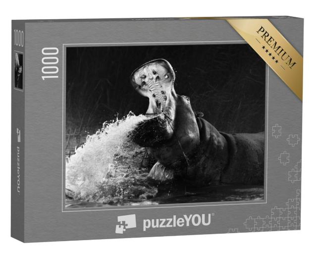 Puzzel 1000 stukjes „Nijlpaard met open bek in het water“