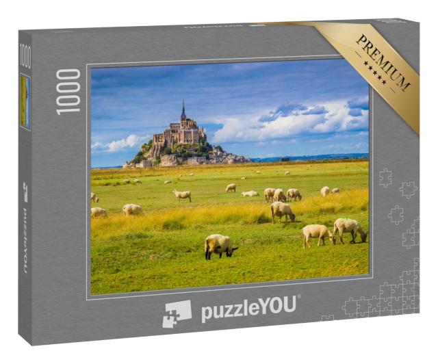 Puzzle „Le Mont Saint-Michel mit Schafen auf grünen Wiesen, Normandie, Frankreich“