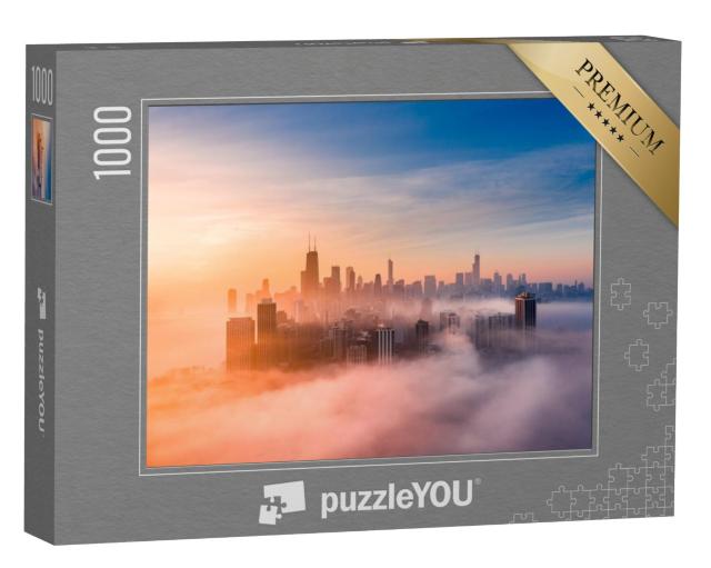 Puzzel 1000 stukjes „Mistige zonsopgang met skyline van Chicago“