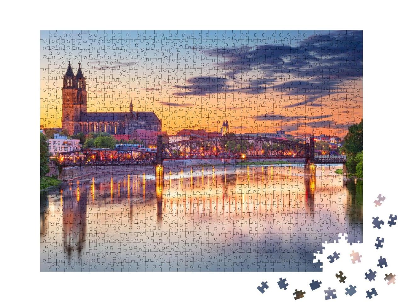 Puzzle 1000 Teile „Stadtbild Bild von Magdeburg mit der Elbe im Sonnenuntergang, Deutschland“