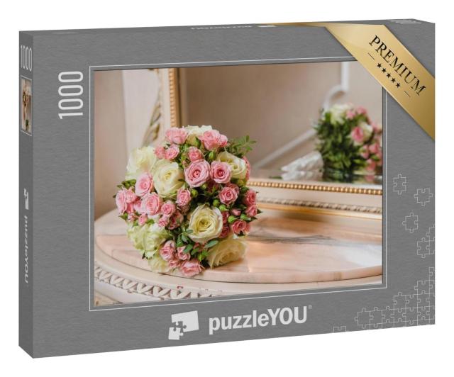 Puzzle 1000 Teile „Bunter Hochzeitsstrauß auf einem Spiegel“