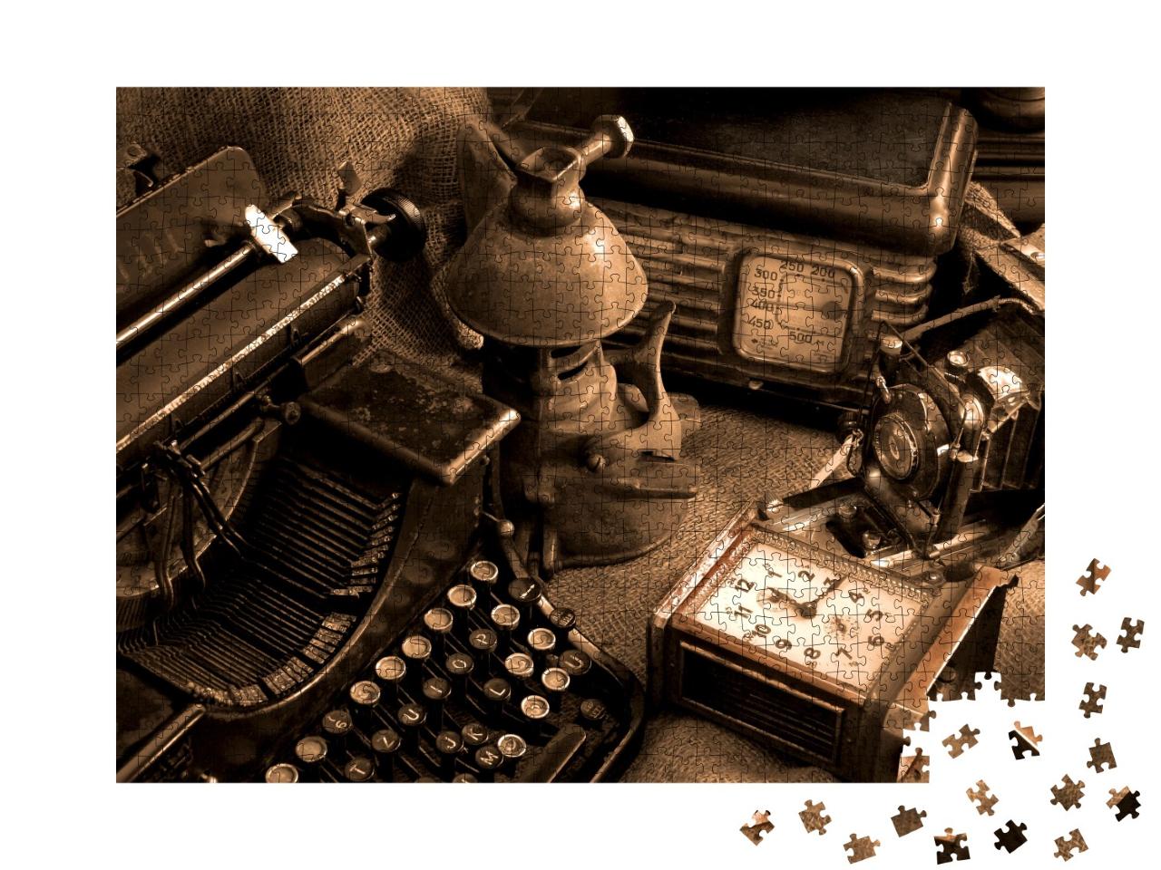 Puzzle 1000 Teile „Vintage-Stillleben mit alter Schreibmaschine, Retro-Kamera und Radio“