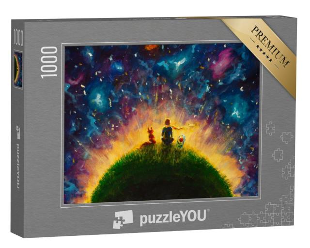 Puzzel 1000 stukjes „Kleine prins, vos en rode roos zitten in het gras“