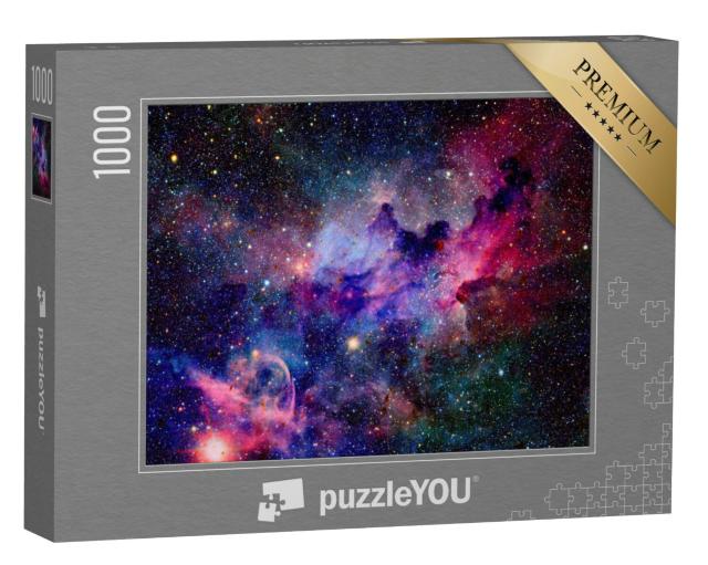 Puzzel 1000 stukjes „Nevels en sterrenstelsels in de ruimte, heldere kleuren, rood, violet, blauw“