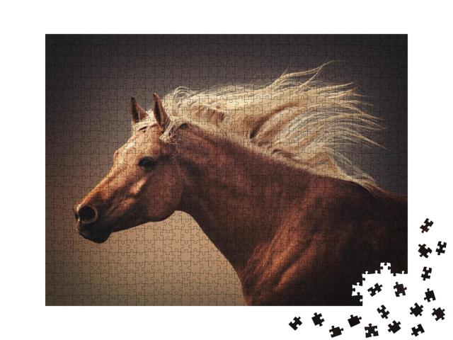 Puzzle 1000 Teile „Pferd mit fliegender Mähne im Staub des Galopps “