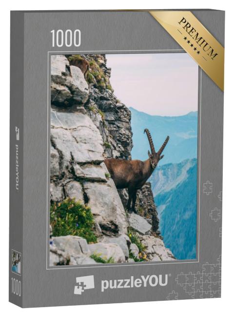 Puzzel 1000 stukjes „Alpensteenbok in het berglandschap op een steile rots“