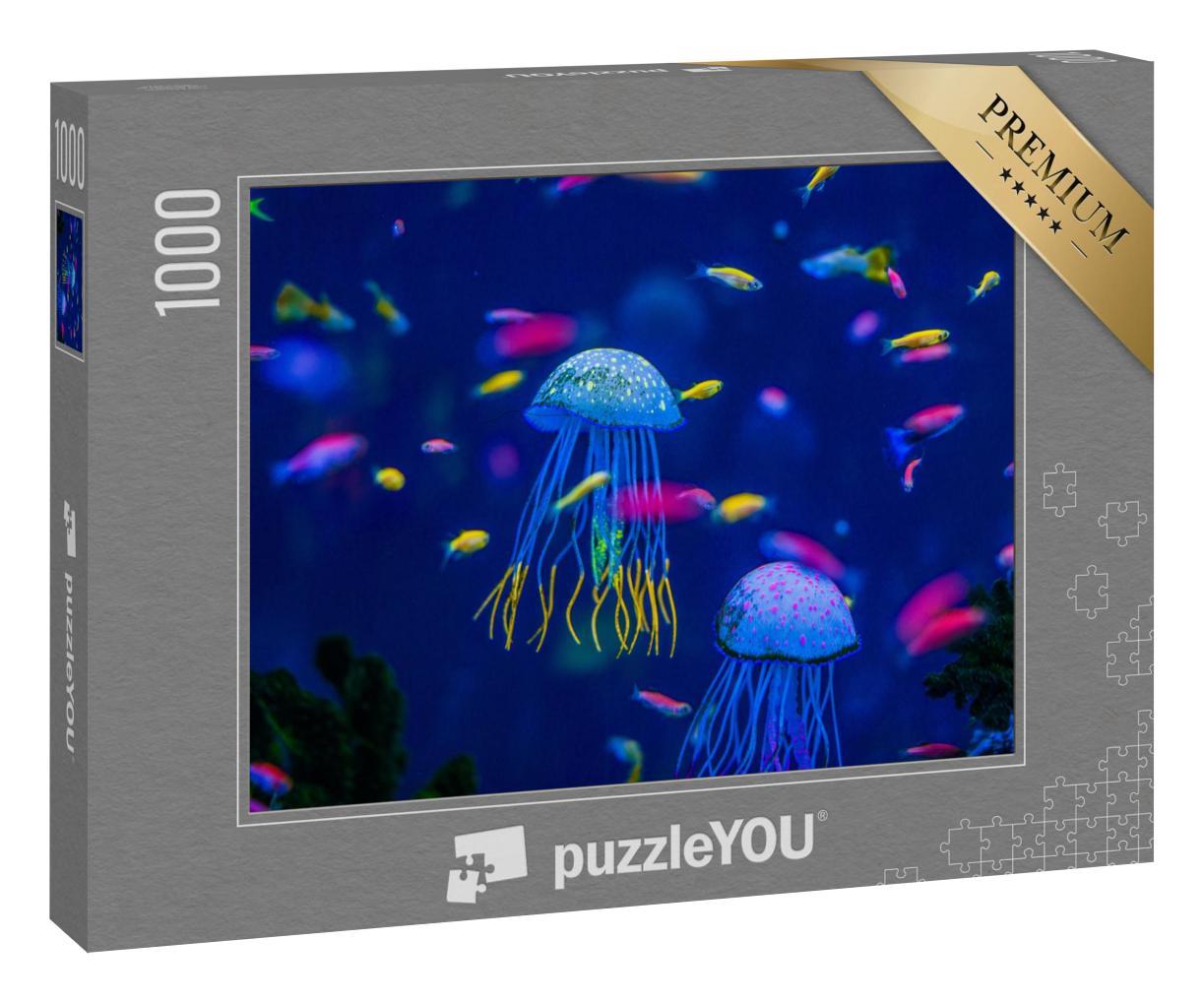 Puzzle 1000 Teile „Bunte Unterwasserwelt: Aquarium mit Quallen, Fischen und Algen“