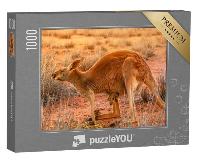 Puzzel 1000 stukjes „Moeder kangoeroe met jong in het rode zand van de outback van Centraal-Australië“